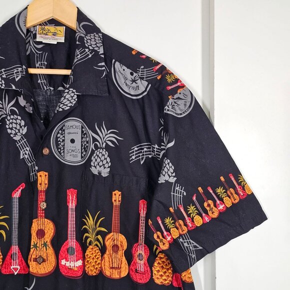 Vintage Winnie Fashion Hawaiian Shirt Black Pineapple Ukulele Music Mens XL - Picture 10 of 10